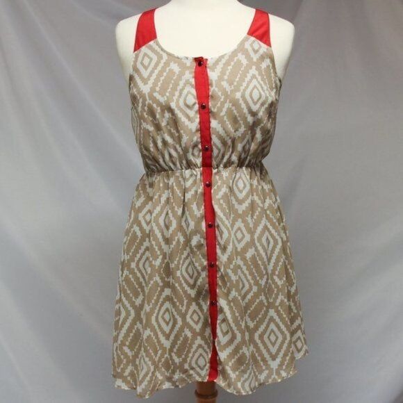 Charming Charlie Tan & Red Chiffon Dress S - Picture 1 of 5